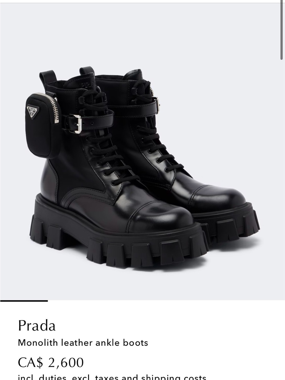 Prada Black Leather Lug Sole Combat Boots with Pouch